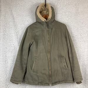 Hemp Hoodlamb Hooded Jacket Women L Canvas Green Tan Faux Fur Lined Full Zip
